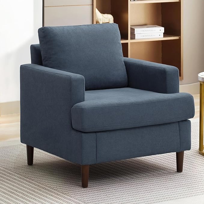 Mid-Century Accent Chair,Modern Linen Fabric Armchair for Living Room,Comfy Upholstered Reading Accent Chairs for Bedroom,Single Sofa Chair with Wood Legs (Blue Grey, 1 Pack)