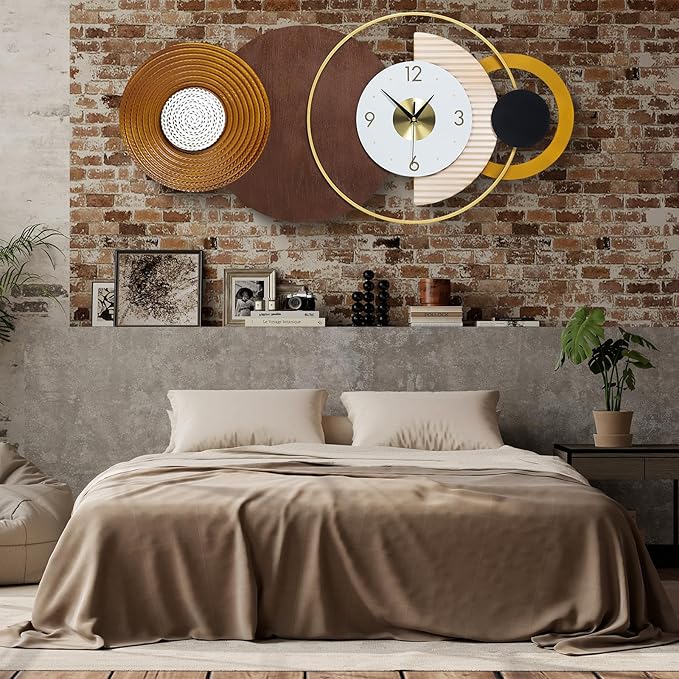 47.2x22.8 inch Large Mid Century Wall Clock for Living Room, Metal & Wood Modern Brown Decorative Clocks Silent Battery Operated for Home, Office, Bedroom, Dining