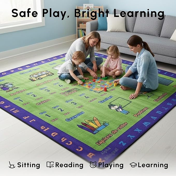 SAFECASTLE Alphabet Spanish Kids Educational Area Rug – 6'6" x 8'4" – Bilingual English & Spanish Learning Carpet with ABC Letters, Numbers & Classroom Objects – Classroom, Daycare & Preschool Rug