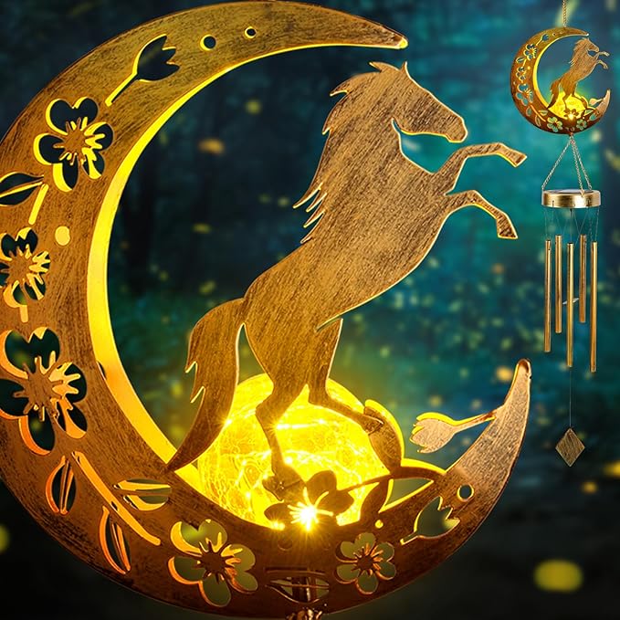 JOBOSI Moon Horse Wind Chime Decorative Gift, Solar Moon Horse Wind Chimes for Outside, Mother's Day Wind Chime, Gift for Women, Mom, Grandma, Outdoor Garden Lawn Yard Decor