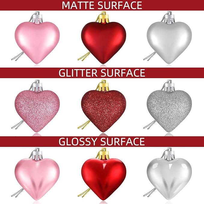 Skylety 30 Pieces Valentine's Day Heart Ornaments, Heart Shaped Decorations Tree Hanging Baubles for Valentine Wedding Anniversary, 3 Styles 2 Size (Multi-Color)