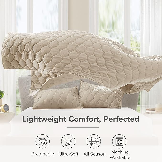 Comfort Spaces Twin Quilt Set Modern Reversible Ogee Coverlet Twin Bedding Set Cozy Quilted Winter Layer, All Season Lightweight Soft Twin Size Quilt, Kienna, Twin/Twin XL Beige 2 Piece