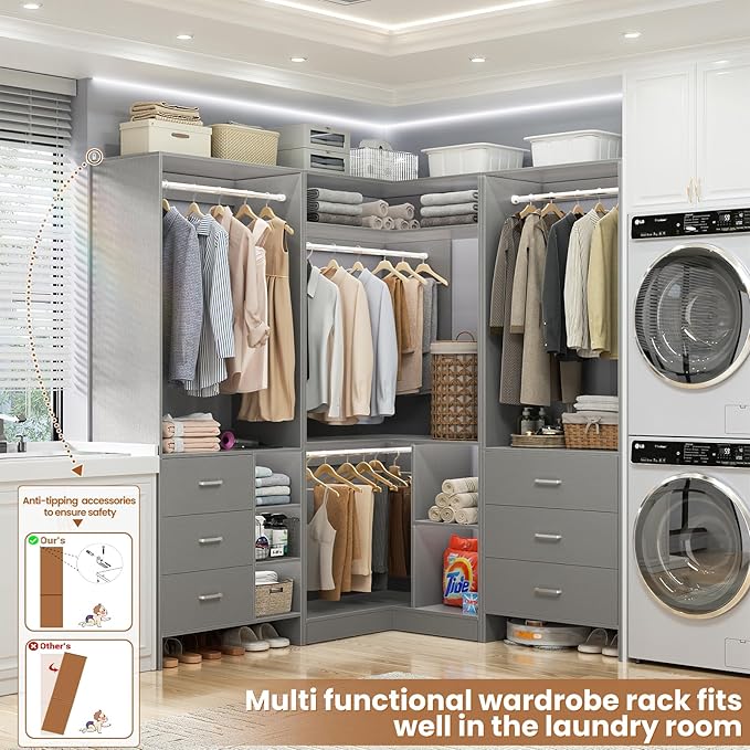 Aheaplus Closet System with 6 Drawers, 4 Hanging Rods & Corner Tower, Corner Closet System with Hanging, 86.8" L-Shaped Walk-In Wardrobe Organizer, 2000+ lbs Capacity, Set of 3, Grey