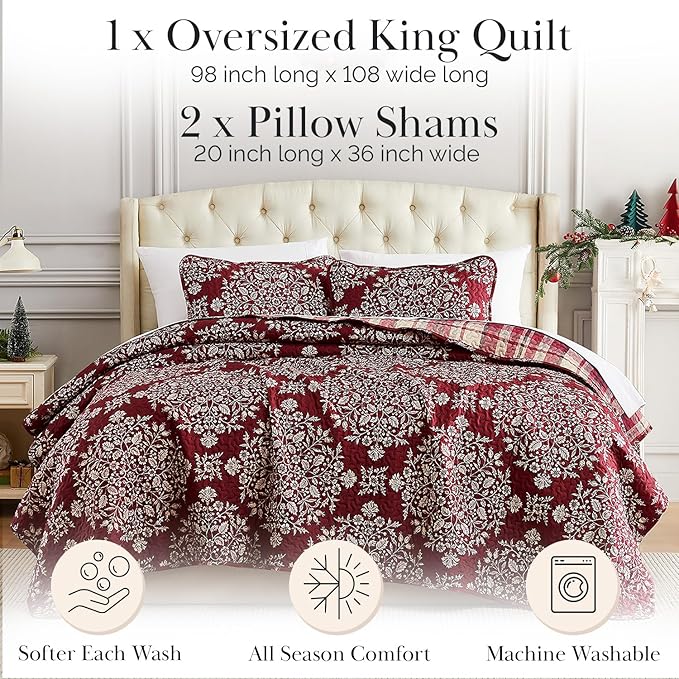 Southshore Fine Living King Size Christmas Quilt with 2 Pillow Shams - Reversible Red Plaid Christmas Bedding Holiday Decor King Coverlet - Red Plaid
