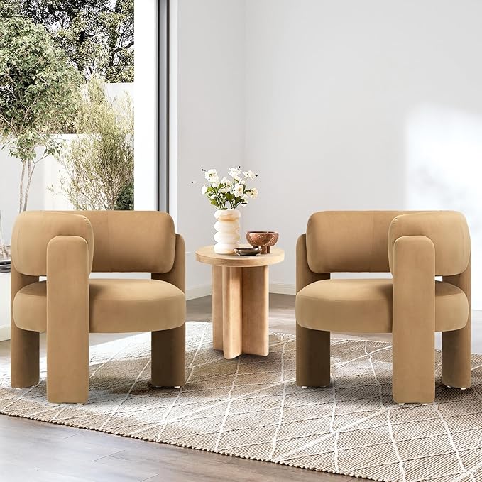 COLAMY Modern Velvet Accent Chairs Set of 2, Upholstered Barrel Chairs, Comfy Side Arm Chairs with 3 Legs for Living Room, Bedroom, Reading, Khaki