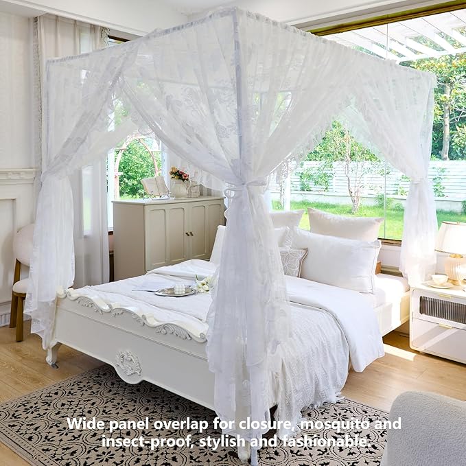AIKASY Elegant Lace Princess 4-Poster Bed Canopy Mosquito Net - Romantic Wedding Bridal Bedroom Decor, Kids Room Bed Curtain for Women Adults - (White-4,Full)