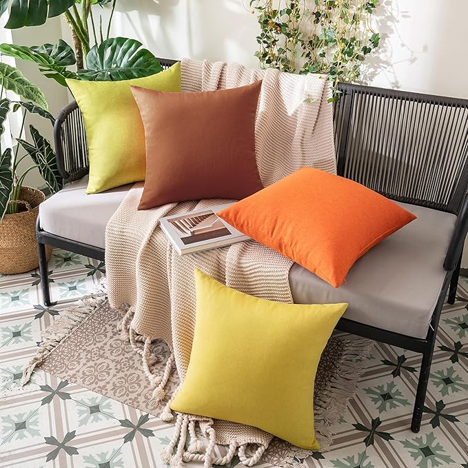 MIULEE Pack of 2 Decorative Outdoor Solid Waterproof Throw Pillow Covers Euro Sham Faux Linen Garden Farmhouse Cushion Cases for Summer Patio Tent Balcony Couch Sofa 22x22 Inch Orange