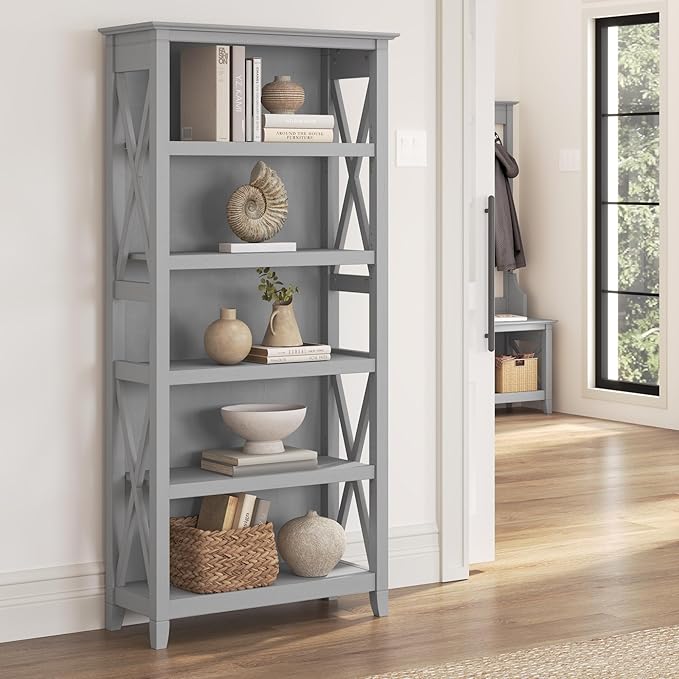 Bush Home Tall 5 Shelf Bookcase for Living Room or Home Office, Large Bookshelf, Modern Farmhouse Style, Key West Collection, Cape Cod Gray