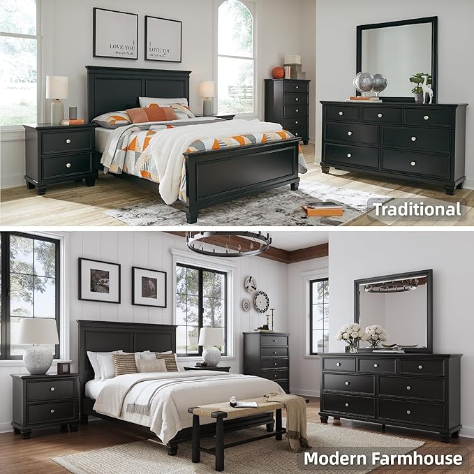 Signature Design by Ashley Lanolee Traditional Dresser with Framed Drawer Fronts and Tapered Feet, 7 Drawers, Satin Nickel Knobs, Wood, 36" High, Black