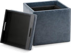 SIMPLIHOME Rockwood Cube Storage Ottoman with Tray - 17 inch Wide Upholstered Vegan Leather Square Storage Ottoman in Denim Blue, Contemporary Cube Ottoman for Living Room with Serving Tray