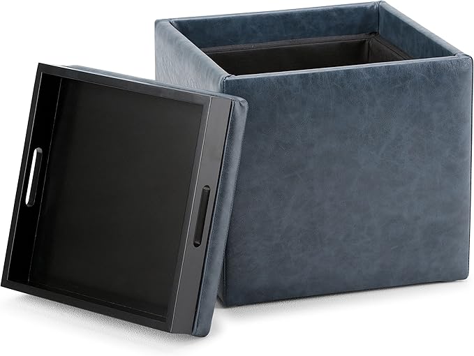 SIMPLIHOME Rockwood Cube Storage Ottoman with Tray - 17 inch Wide Upholstered Vegan Leather Square Storage Ottoman in Denim Blue, Contemporary Cube Ottoman for Living Room with Serving Tray