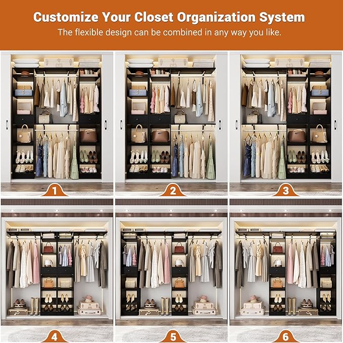 Unikito 58-90 Inch Closet System, Large Walk in Closet Organizer with 3 Hanging Rods and Shelves, Heavy Duty Wood Closets Wardrobe with 2 Drawers & Shoe Rack, Sturdy Reversible Clothing Rack, Black