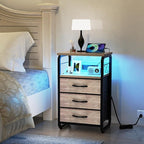 Bed Side Table with 3 Fabric Drawers, Night Stand with Charging Station, LED Nightstand with Hooks, Bedside Table End Tables with Storage, Night Tables for Living Room, Bedroom (Beige)
