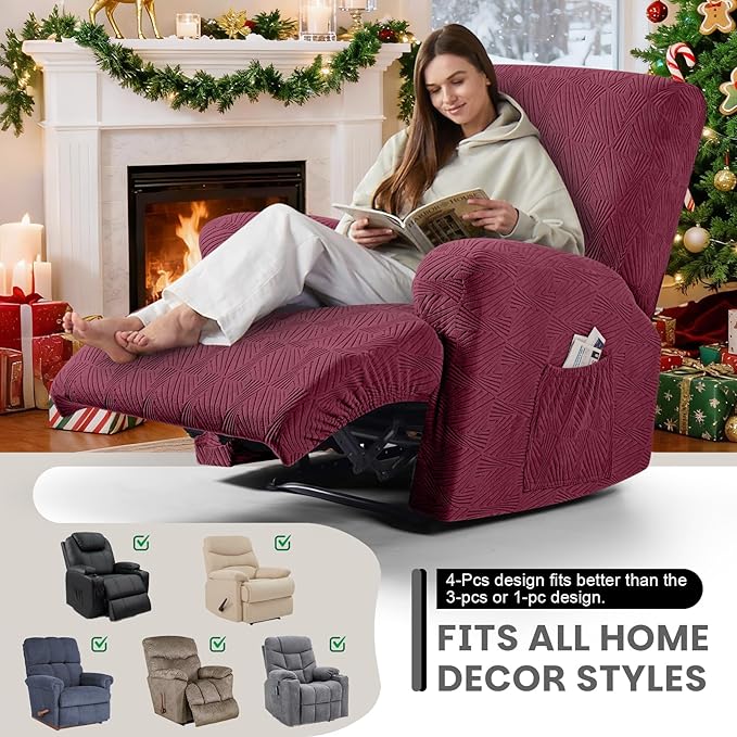 VANSOFY Recliner Chair Covers, 4-Pieces Stretch Recliner Cover Jacquard Soft Reclining Chair Slipcover Furniture Protector with Elastic Bottom for Lazy Boy Recliner(Wine)