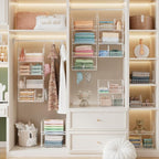 4 Tier Extra Large Hanging Closet Organizer,Closet Organizer Hanging with 5 S Hooks 4 Dividers,Clothes Organizer Clothing Sweaters Clutches Handbags Hats Accessories-White