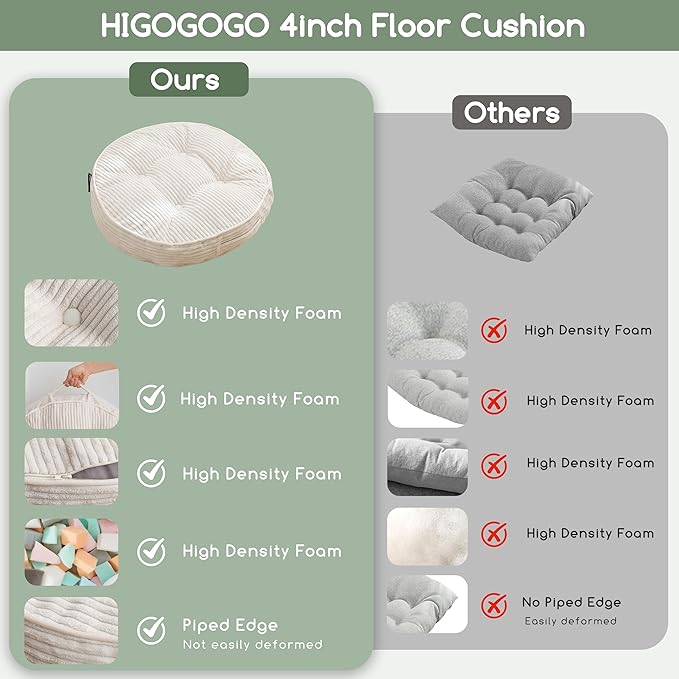 HIGOGOGO Washable Floor Pillow Cushion for Adults, Meditation Cushion Pillow, Large Round Floor Sitting, Removable Tufted Corduroy Cover, for Tatami Living Room or Yoga, 22x22 Inch, Machine Washable