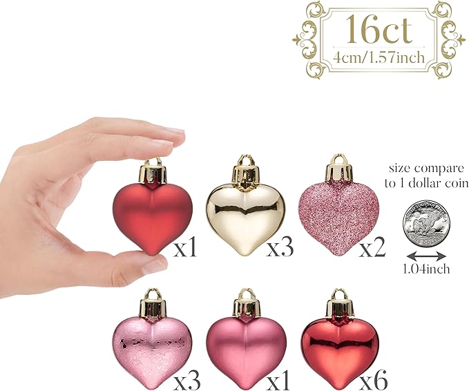 Valery Madelyn Romantic Heart Shaped Ornaments- Valentine's Day Decor Gift Set of 16 Red Pink Gold Shatterproof Hanging Tree Baubles for Christmas, Wedding, Anniversary, Party & Home Decor