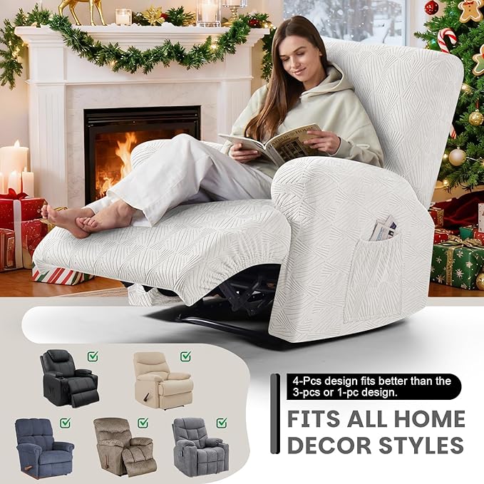 VANSOFY Recliner Chair Covers, 4-Pieces Stretch Recliner Cover Jacquard Soft Reclining Chair Slipcover Furniture Protector with Elastic Bottom for Lazy Boy Recliner(Porcelain White)
