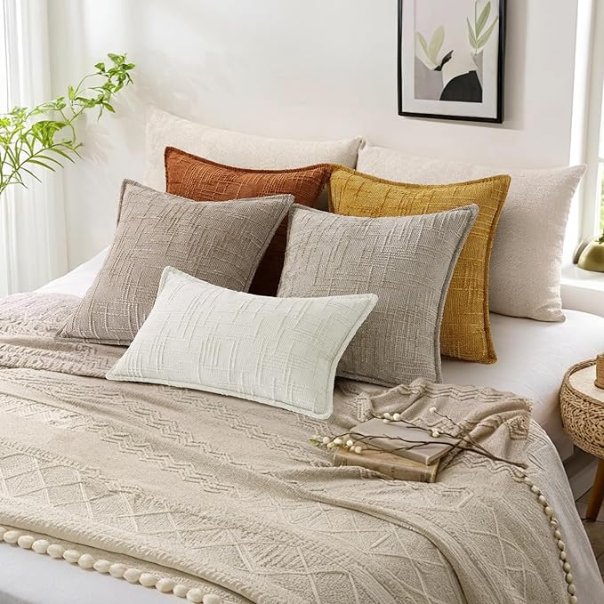 decorUhome Chenille Throw Pillow Covers 20x20 Set of 2, Thick Textured Slubby Neutral Decorative Pillow Covers with Elegant Design for Couch, Sofa, Living Room, Light Brown