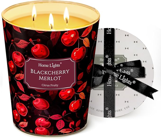 HomeLights Scented Candles | Large Jar 34 Oz Natural Soy Candle | 130 hrs Long-Lasting with 3 Wicks | Eclectic Mixed Styles Home Decor | Gifts for Mom & Women, Blackcherry Merlot