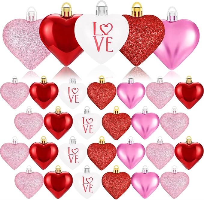 XmasExp Valentines Day Decor Heart Ornaments for Christmas Tree Decorations Set of 24 Pink Heart Shaped Bauble Perfect for Valentine's Day Wedding Anniversaries and Party Supplies