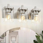 Bathroom Light Fixtures, 3-Light Vanity Light with Square Clear Glass Shade, Brushed Nickel Modern Wall Sconces, Vanity Lighting Fixtures Over Mirror, VL194-BN-3