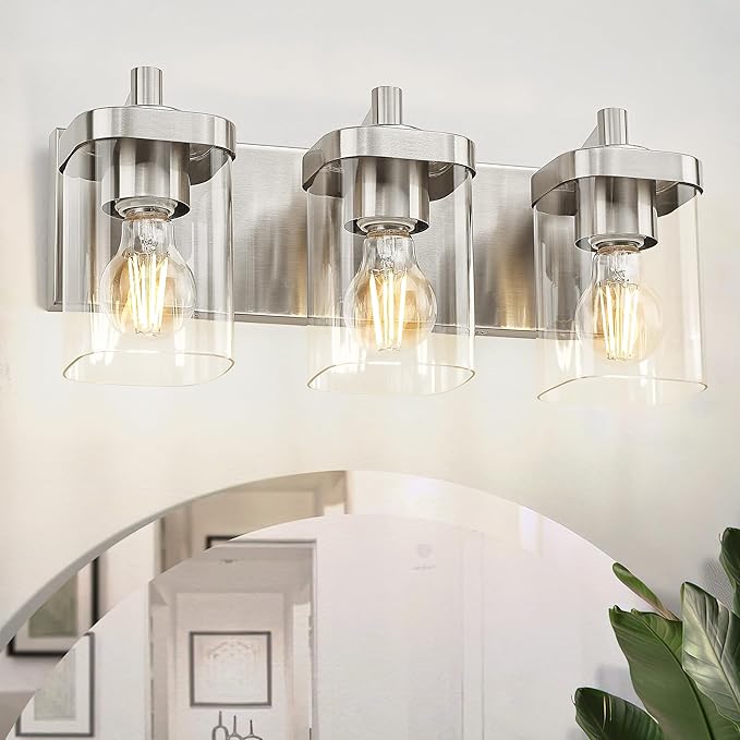 Bathroom Light Fixtures, 3-Light Vanity Light with Square Clear Glass Shade, Brushed Nickel Modern Wall Sconces, Vanity Lighting Fixtures Over Mirror, VL194-BN-3