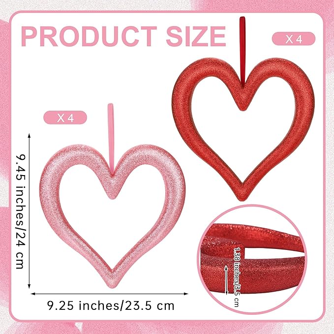 Aneco 8 Pieces Valentine's Day Heart Hanging Ornaments for Tree 9.45 Inch 3D Heart Shaped Decorations Glitter Foam Hearts Wreath for Wedding Valentine Front Door Wall Home Decor