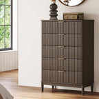 LINSY Fluted Dresser for Bedroom with 5 Drawers, Mid Century Modern Chest of Drawers with Gold Metal Handles, Tall Boho Wood Dressers, Large Farmhouse Storage Cabinet for Bedroom, Living Room, Walnut