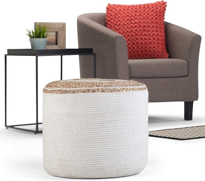 SIMPLIHOME Serena Round Braided Pouf - 18 inch Wide Upholstered Jute and Cotton Ottoman in Natural, Boho-Style Footstool or Extra Seating for Living Room with Polystyrene Bead Filling, Assembled
