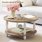 karlott Round Coffee Table, 30.3" Coffee Tables for Living Room, Solid Wood Veneer 2-Tier Center Table with Storage Shelf, Pine Leg, Boho Rustic Farmhouse Coffee Table for Living Room, Easy Assembly