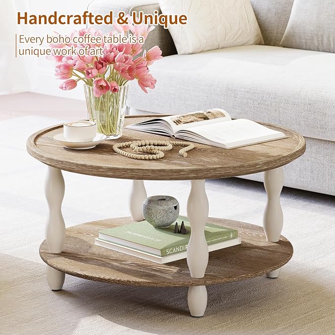 karlott Round Coffee Table, 30.3" Coffee Tables for Living Room, Solid Wood Veneer 2-Tier Center Table with Storage Shelf, Pine Leg, Boho Rustic Farmhouse Coffee Table for Living Room, Easy Assembly