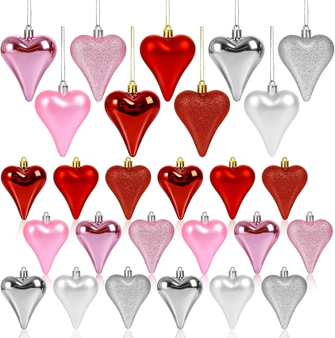 18 Pcs Valentines Tree Heart Ornaments Red Pink Silver Heart Shaped Valentines Tree Decorations 3 Style 3.2" Valentine Ornaments for Christmas Tree Anniversary,Wedding,Party Decoration