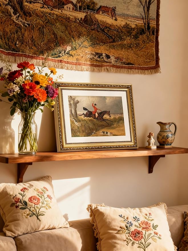 ARPEOTCY Gold Framed Canvas Wall Art, 11x14 Inch Vintage Equestrian Fox Hunting Painting, Classic Horse and Rider Artwork, English Country Hunt Decor for Living Room, Office, or Study