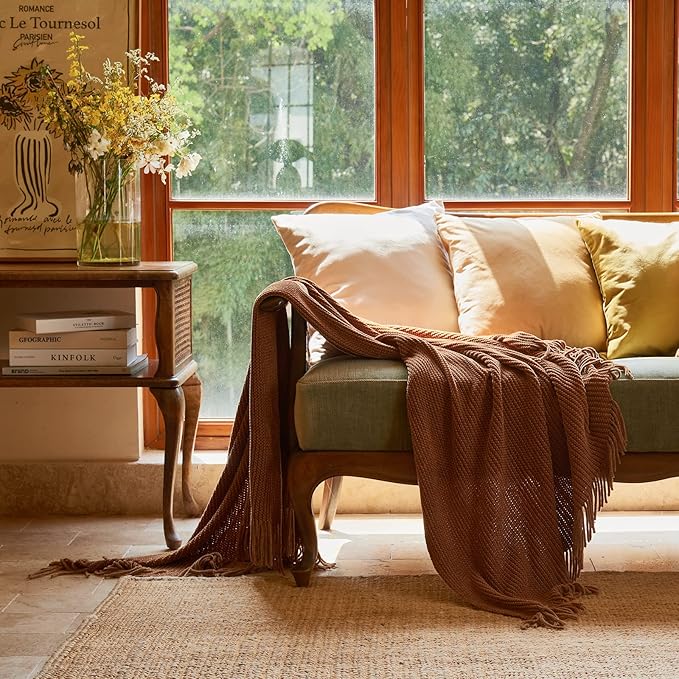 lifein Throw Blanket for Couch, Soft Boho Decor Bed Throw,Cozy Brown Knitted Chenille Small Knit Farmhouse Lightweight Throw (Golden,50 * 60")