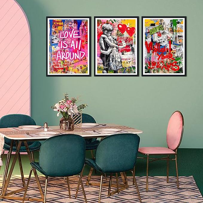 Novatique Colorful Graffiti Wall Art Banksy Street Wall Art Modern Boy and Girl Graffiti Art Painting Print Framed Ready to Hang Home Decoration,16" x 24" x 3pcs