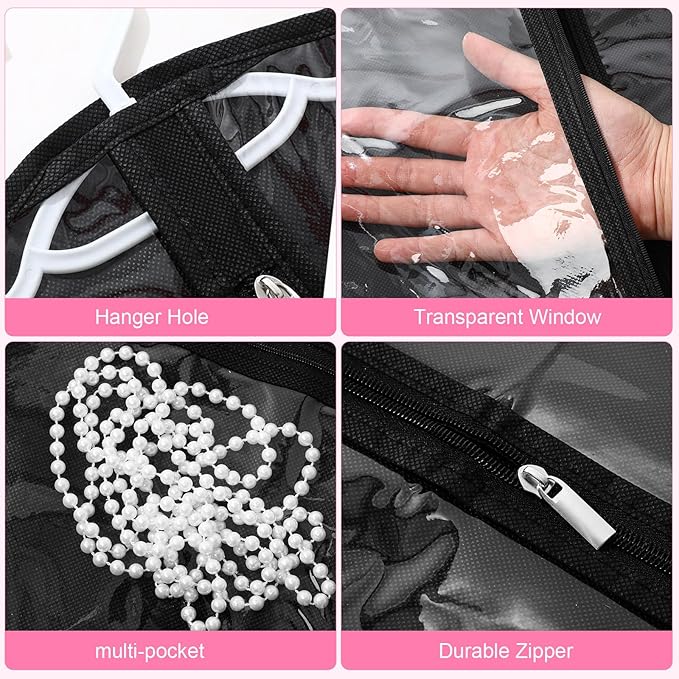 Windyun 10 Pack Garment Bags for Dance Costumes Kids 40 Inch Bags Hanging Clothes with 3 Clear Zipper Pocket Waterproof Garment Cover for Dance Competition, Travel, Closet Storage (Translucent Black)