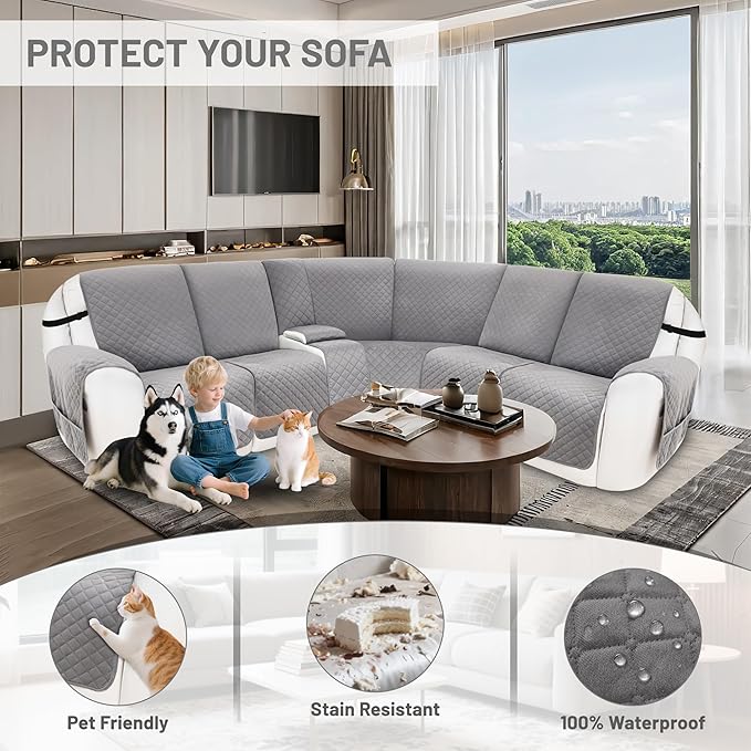 Reclining Sectional Couch Covers 100% Waterproof Velvet L Shape Recliner Couch Covers for Dogs Washable Anti Slip Recliner Slipcovers with Pockets (5 Seat Sofa with 1 Console, Silver Gray)