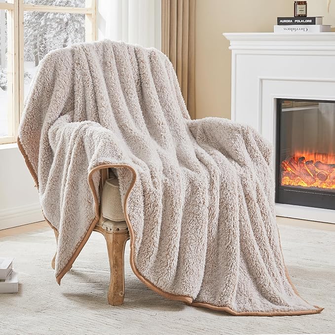 EMME Soft Sherpa Fleece Blanket Reversible Plush Fluffy Large Blanket, Light Weight Warm Decorative Boho Blanket Cover for Sofa, Couch, Bedroom,Travel(Plush Khaki,50"x60")