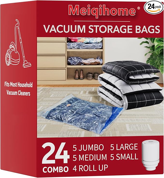 Vacuum Storage Bags with Electric Air Pump 24 Combo (5 Jumbo/5 Large/5 Medium/5 Small/4 Roll), Plastic Packaging Bags,Space Saver Sealer Bags for Clothes, Pillows, Comforters, Blankets, Bedding