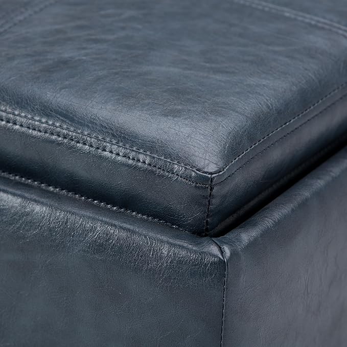 SIMPLIHOME Rockwood Cube Storage Ottoman with Tray - 17 inch Wide Upholstered Vegan Leather Square Storage Ottoman in Denim Blue, Contemporary Cube Ottoman for Living Room with Serving Tray
