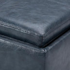 SIMPLIHOME Rockwood Cube Storage Ottoman with Tray - 17 inch Wide Upholstered Vegan Leather Square Storage Ottoman in Denim Blue, Contemporary Cube Ottoman for Living Room with Serving Tray