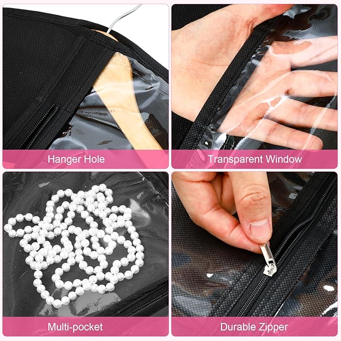 14 Pcs Garment Bags for Dance Costumes Clear PVC with Zippers 24 x 50 Inch Suits Bag with Pockets Dance Costume Organizer Carrier for Storage Cover for Adult(Black,Classic)