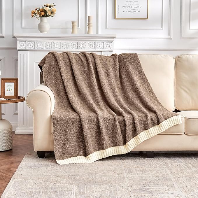 CozeCube Super Soft Fullfy Microfiber Reversible Knitted Blankets, Warm Cozy Fuzzy Plush Throw, Dark Brown and White Melange Throw Blanket for Couch Bed Sofa, 60" x 80"