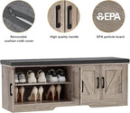 2-Tier Storage Bench, 47.2" Wide Shoe Bench with Padded Seat Cushion, Entryway Bench with 4 Barn Doors and Adjustable Shelf, Greige