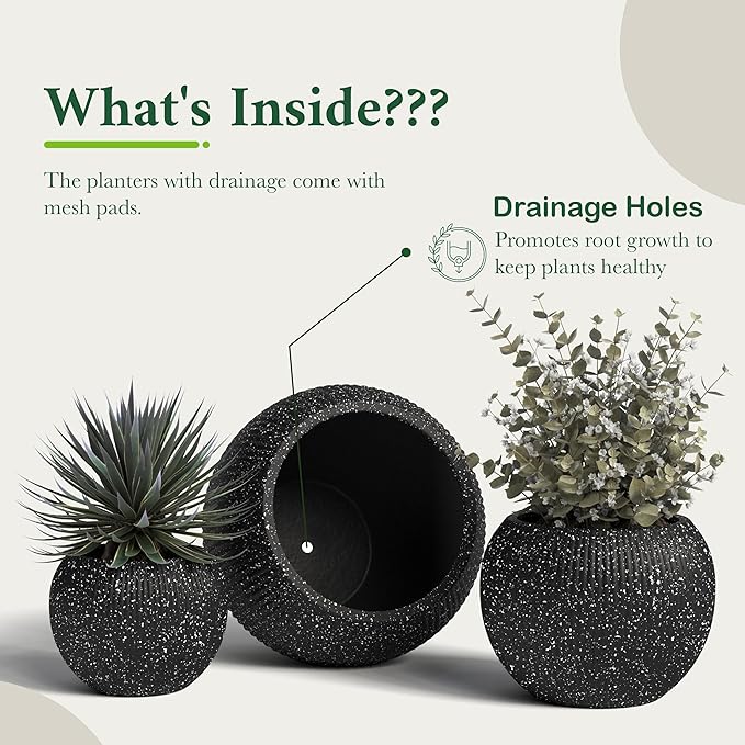 DTY Signature Mount Sherman 19.7''D x 21.7''H Modern Indoor Outdoor Fiberstone Sphere Planter, Durable Round Garden Pot, Weather Resistant, Drainage Hole & Rubber Plug (Ribbed Black, Large)