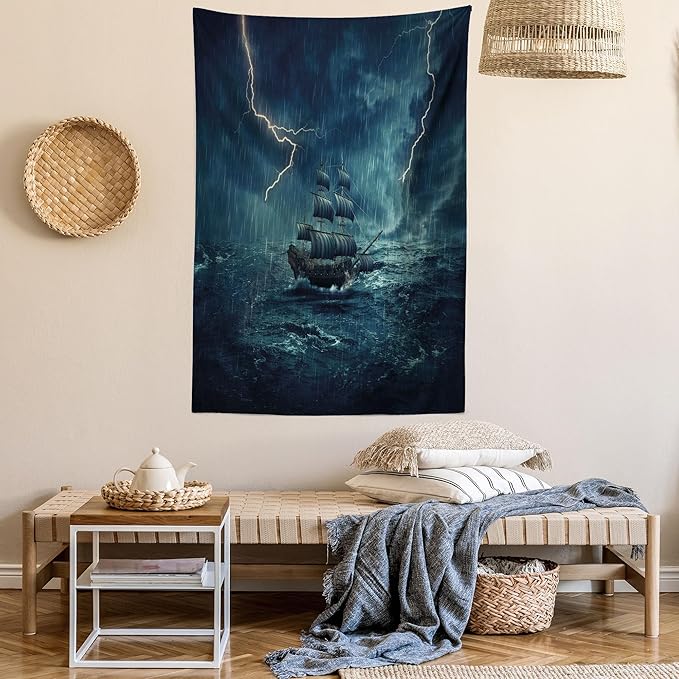 Ambesonne Landscape Tapestry, Stormy and Rainy Weather Waves Vintage Ship Sailing Oil Paint, Fabric Wall Hanging Decor for Bedroom Living Room Dorm, 30" X 45", Dark Cadet Blue White
