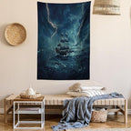 Ambesonne Landscape Tapestry, Stormy and Rainy Weather Waves Vintage Ship Sailing Oil Paint, Fabric Wall Hanging Decor for Bedroom Living Room Dorm, 30" X 45", Dark Cadet Blue White