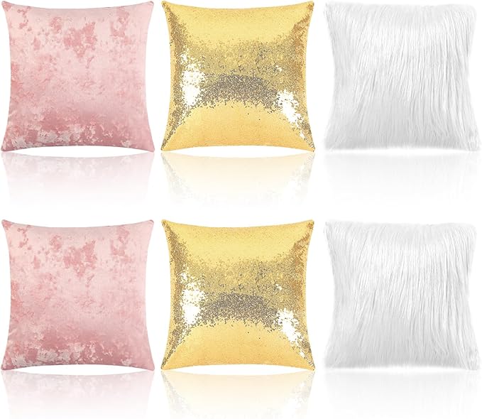 Pack of 6 Decorative Velvet Throw Pillow Covers Solid Square Soft Pillowcase Set Cushion Cases for Sofa Couch Bed Car Christmas Fall Home Decor 18 x 18 inch(Pink Gold White)