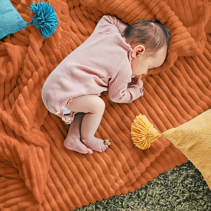 DISSA Fleece Blanket Throw Size – 51x63, Orange – Soft, Plush, Fluffy, Fuzzy, Warm, Cozy – Perfect Throw for Couch, Bed, Sofa - with Pompom Fringe - Flannel Blanket Throw Blanket